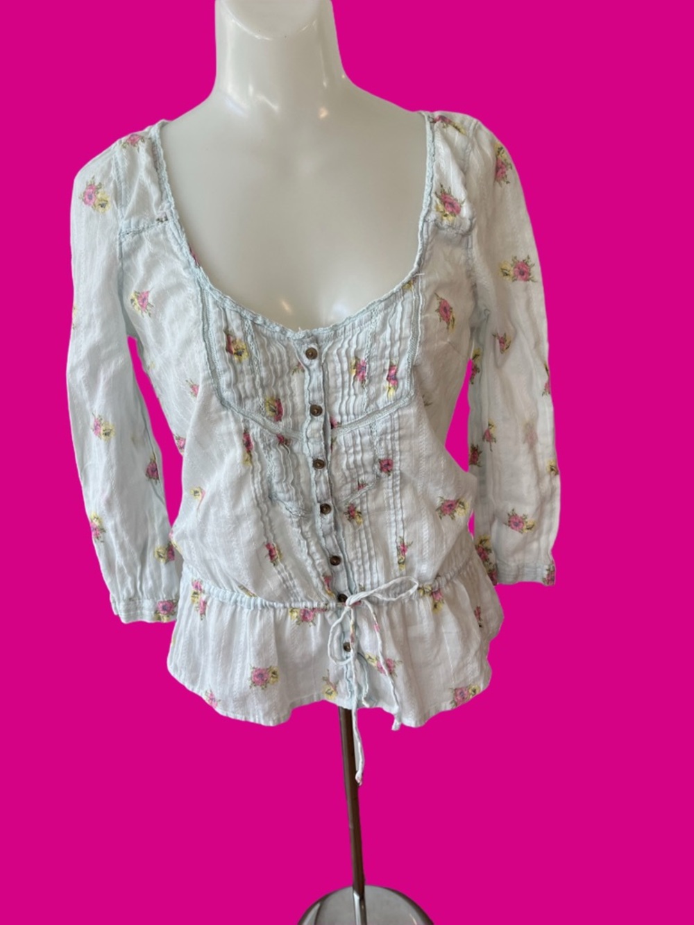 Hollister Y2K Pale Blue Peasant Blouse with Pink Floral Print size S